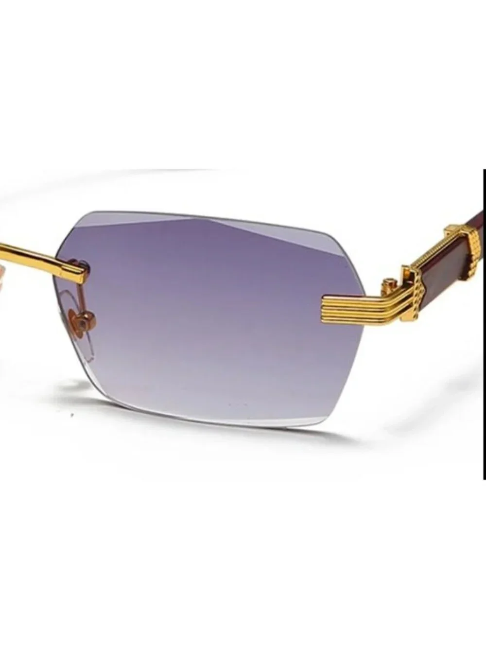 Retro Unisex Rimless Black/Grey Gradient Sunglasses W/ Gold-Tone & Wooden Arms
